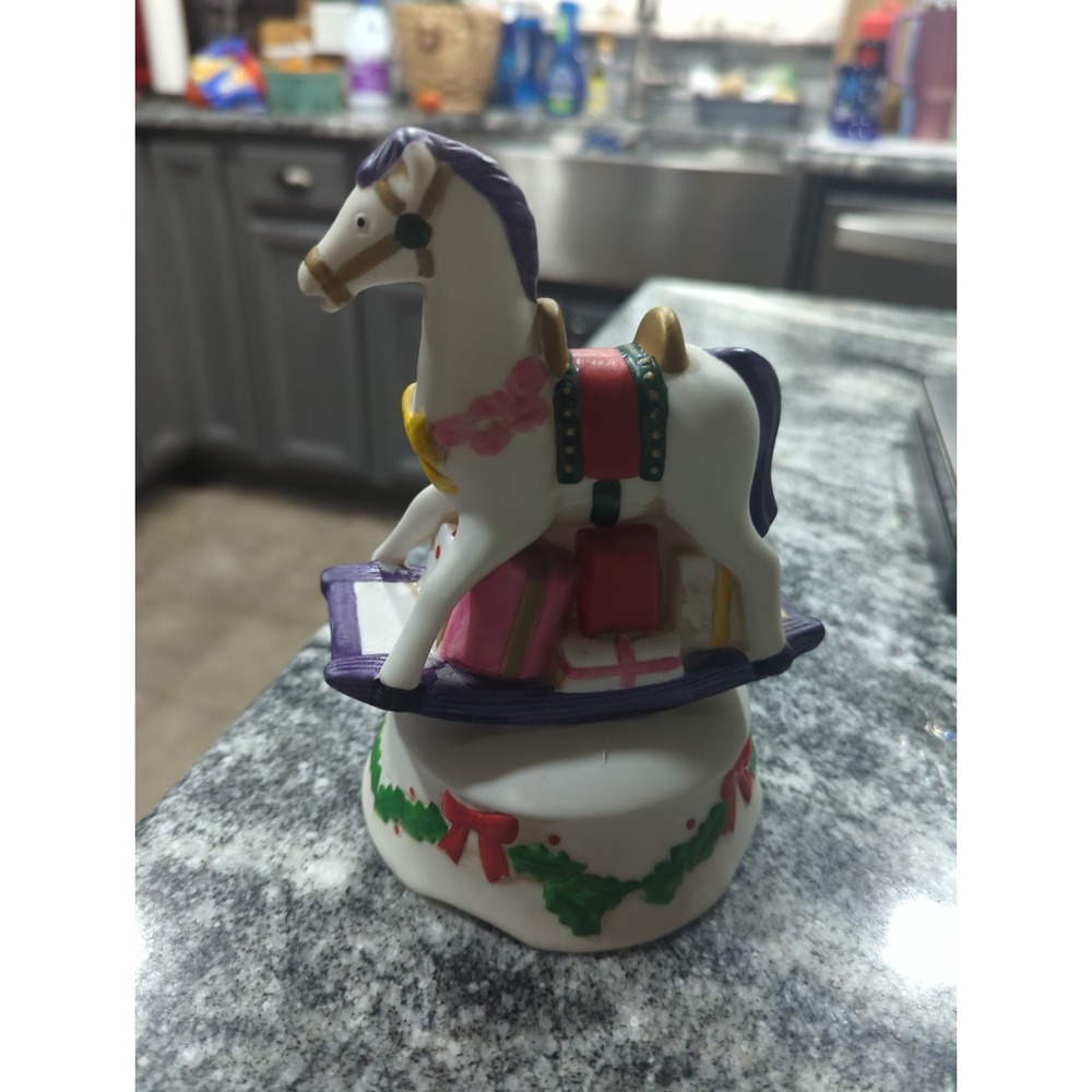 Vintage 1986 Flambro White Ceramic Porcelain Rocking Musical Horse Christmas